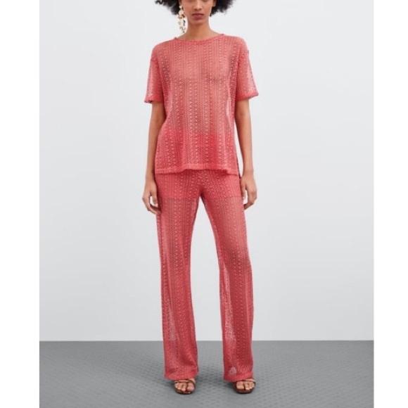 Zara Tops - Zara salmon pink 2 pieces lace open knit top and pants NWT